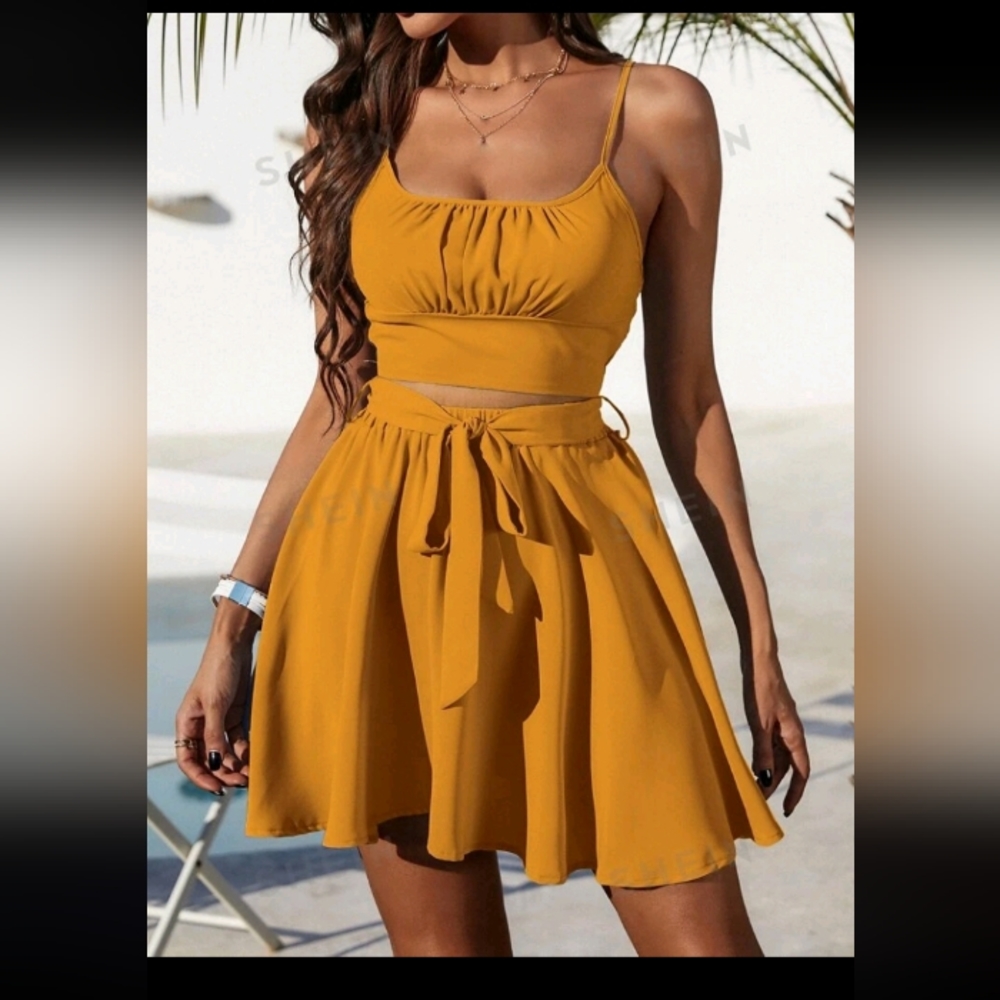 Mustard Yellow Ruched Bust Cami Top & Belted Skirt Set